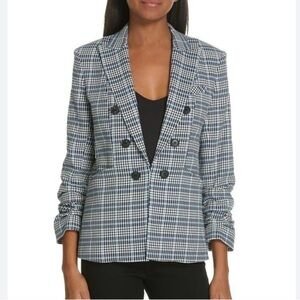 Veronica Beard Caldwell Dickey Navy & White Plaid Blazer ruched sleeves size 6